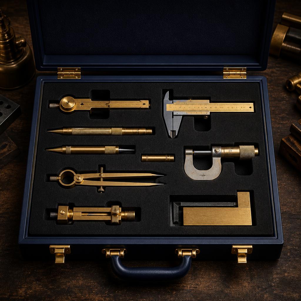 Brass hand tools arranged in a custom foam case insert