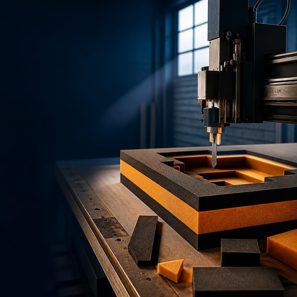 Precision blade cutting a layered foam insert in the workshop